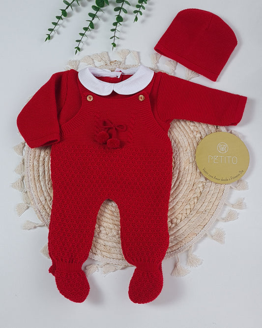 Conjunto de malha – Jardineira, camisola e gorro