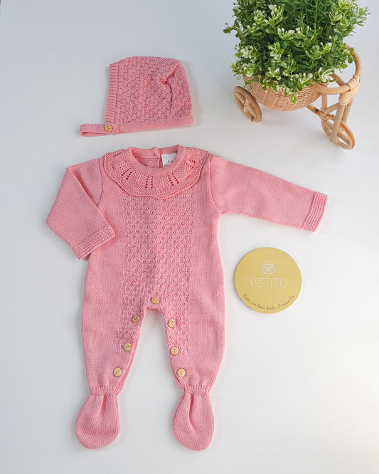 Conjunto babygrow de malha com gola e touca