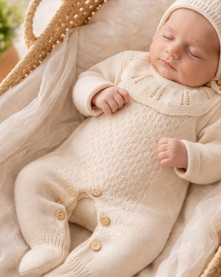 Conjunto babygrow de malha com gola e touca