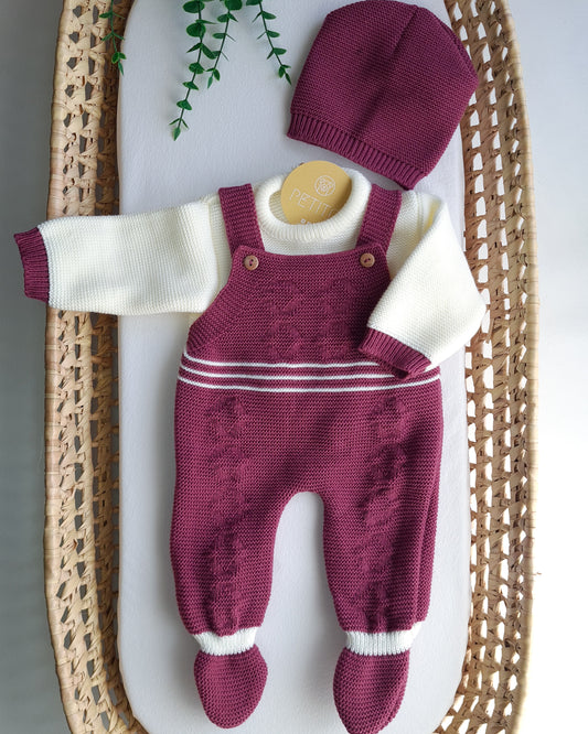 Conjunto de malha – Jardineira, camisola e gorro