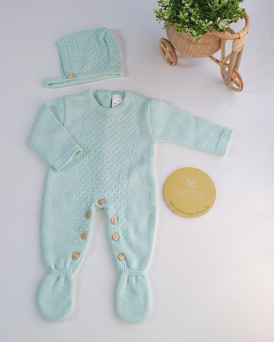 Conjunto babygrow de malha e touca