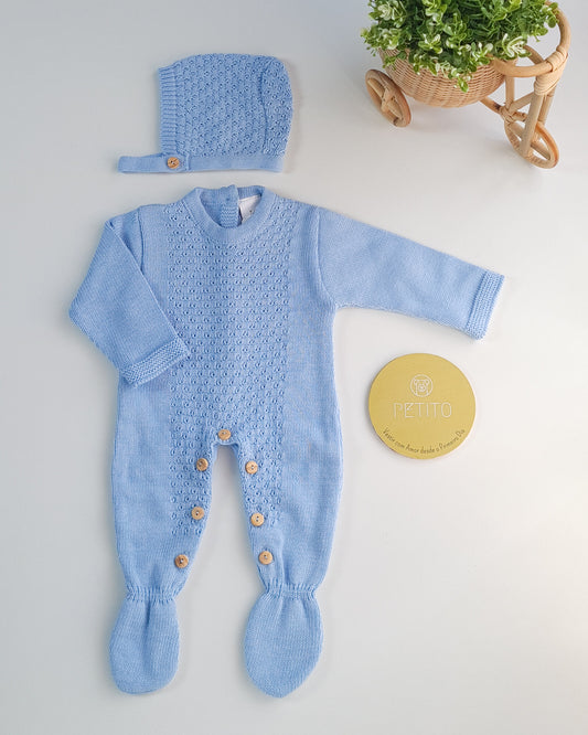 Conjunto babygrow de malha e touca