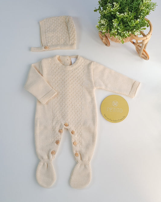Conjunto babygrow de malha e touca