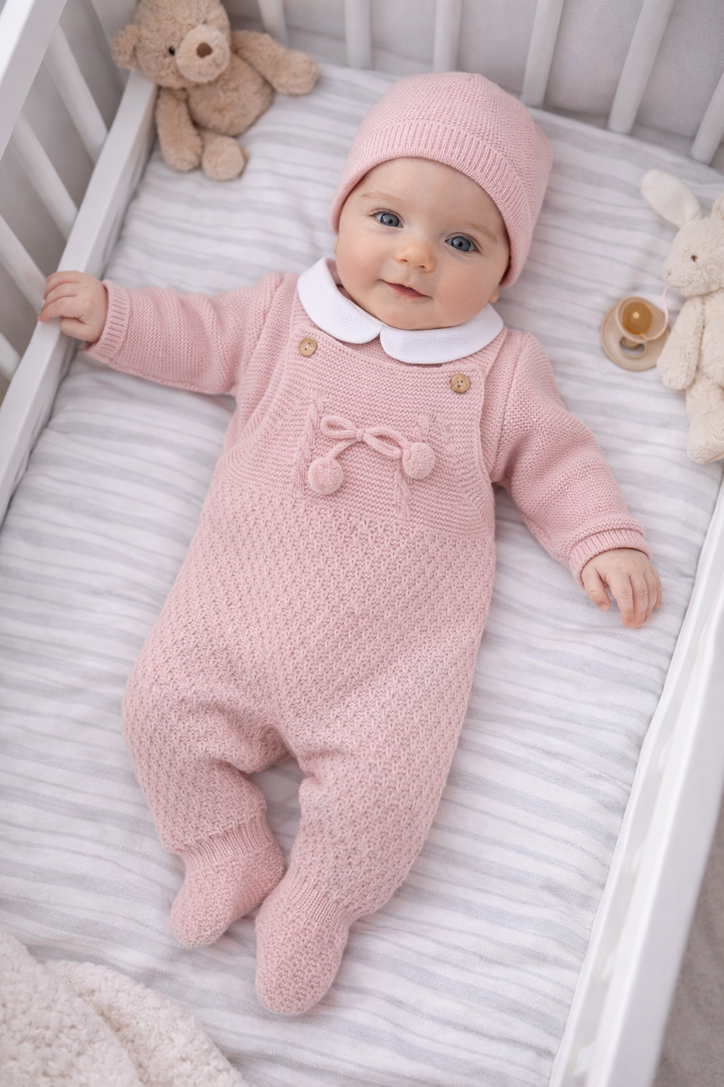 Conjunto de malha – Jardineira, camisola e gorro