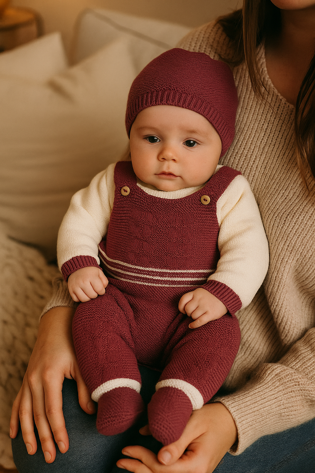 Conjunto de malha – Jardineira, camisola e gorro