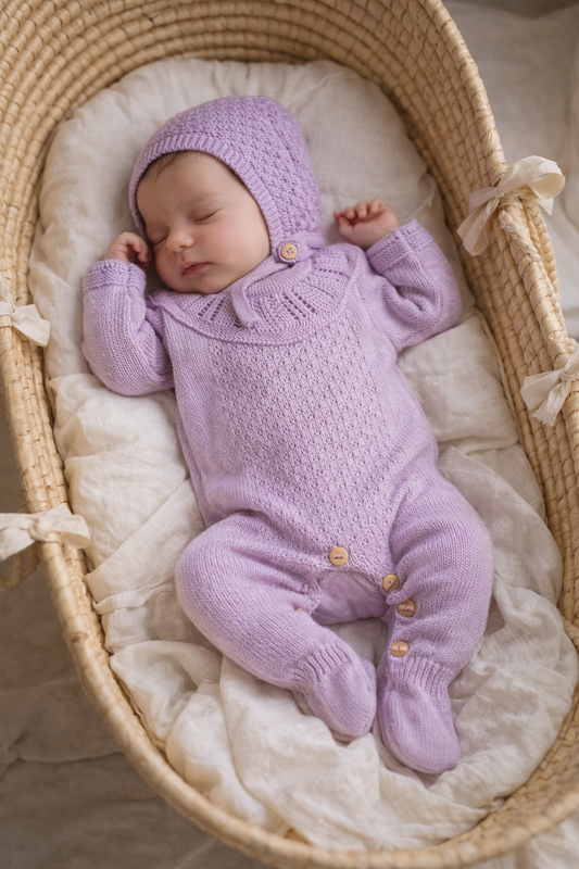 Conjunto babygrow de malha com gola e touca